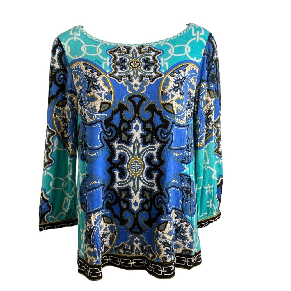 HALE BOB Multicolor Romanesque Print Long Sleeve Stretch Blouse Sz S Regal Flowy